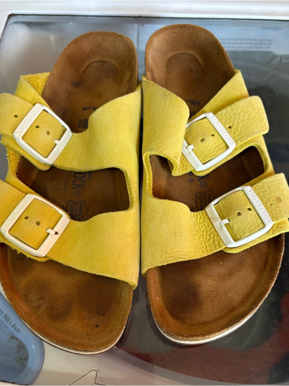 Birkenstock Yellow Two-Strap Suede Slide Sandals